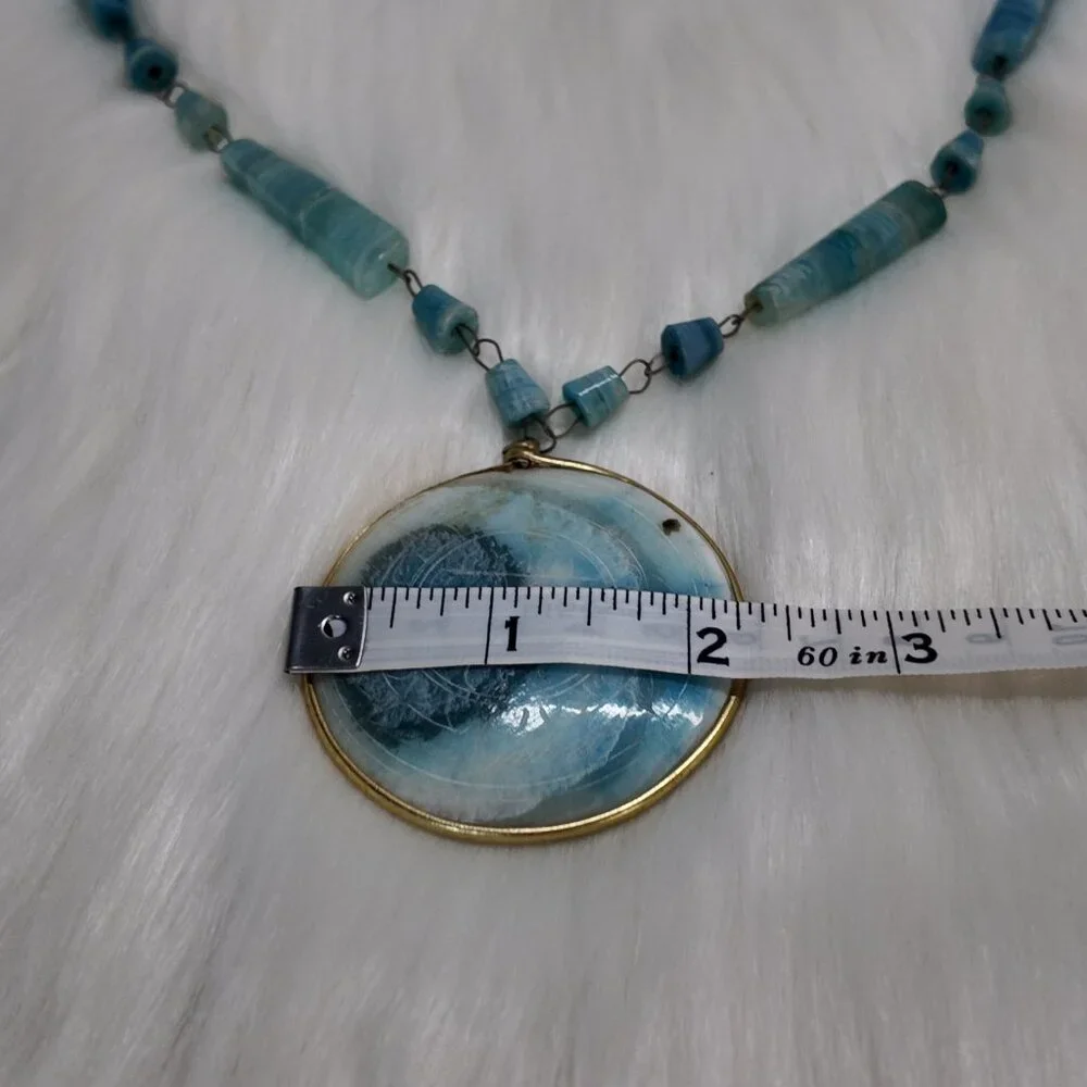 Carved AZTEC SunTurquoise Agate Stone Branded Pendant Necklace 15"L - Picture 9 of 11